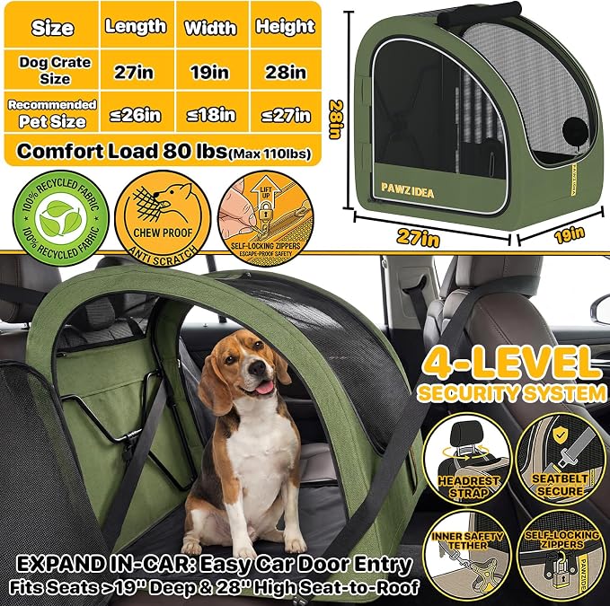 PAWZIDEA Portable Dog Crate for Car Travel, Medium & Large Dogs Up to 80lbs | Soft-Sided Dog Car Kennel for Backseat, Secures Seatbelt & Headrest Strap, Collapsible Enclosed Car Seat Carrier, Chew-Proof