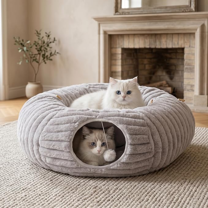 Dogpals Cat Tunnel Bed Cave 33" Lx10 Wx10 H for Indoor Cats(Grey) | Washable Cozy Cushion, Soft Striped Plush Fabric, Hideaway Peekaboo Cave for Kittens, Puppies, Rabbits & Small Pets