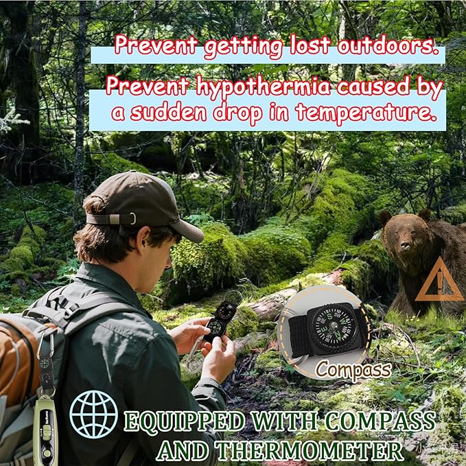Rechargeable Bear Horn to Scare Bears, 125dB Electronic Air Horn with LED Flashlight & Compass & Thermometer, Electronic Whistle Bear Bells for Safety Hiking Camping Emergency Self Defense