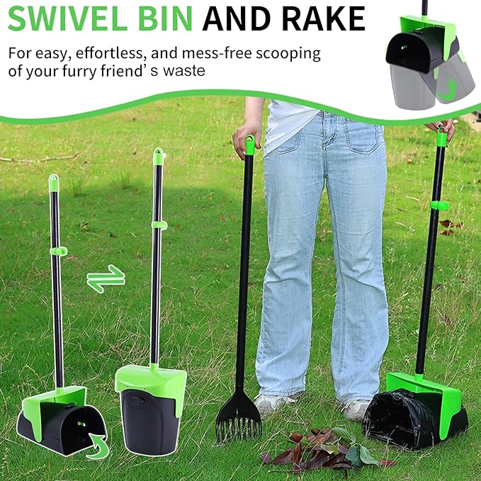 ienjoyed Pooper Scooper Large Swivel Bin & Rake with 160 Waste Bags,Heavy Duty Dog Pooper Scooper with Bag Attachment for Dogs, Long Handle Poop Scooper with Lid for Yard, Grass, Gravel(Green)