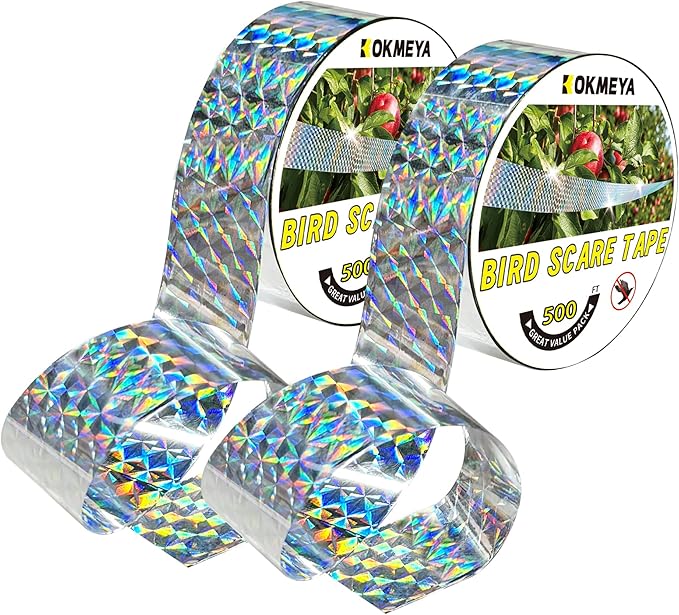 Bird Scare Tapes 500FT*2 Reflective Flash Tape for Birds, Bird Scare Device Double Side Ribbon Scare Birds Away for House, Garden, Yard, Orchard, Patio