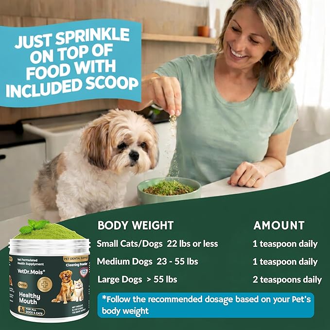 Dog Teeth Cleaning Powder for Dogs & Cats, Dental Powder for Plaque & Tartar Control, Fresh Breath Oral Care, No Brushing Needed, 150g