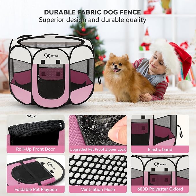 Sieidihit Dog Cat Pet Playpen Puppy Crate Cage Indoor Outdoor, Medium Pink | Nursing Rest Zone Recovering Pet Quarantine Room Portable Pop Up Easy to Set up lightweight Carrying Bag Wide applicability