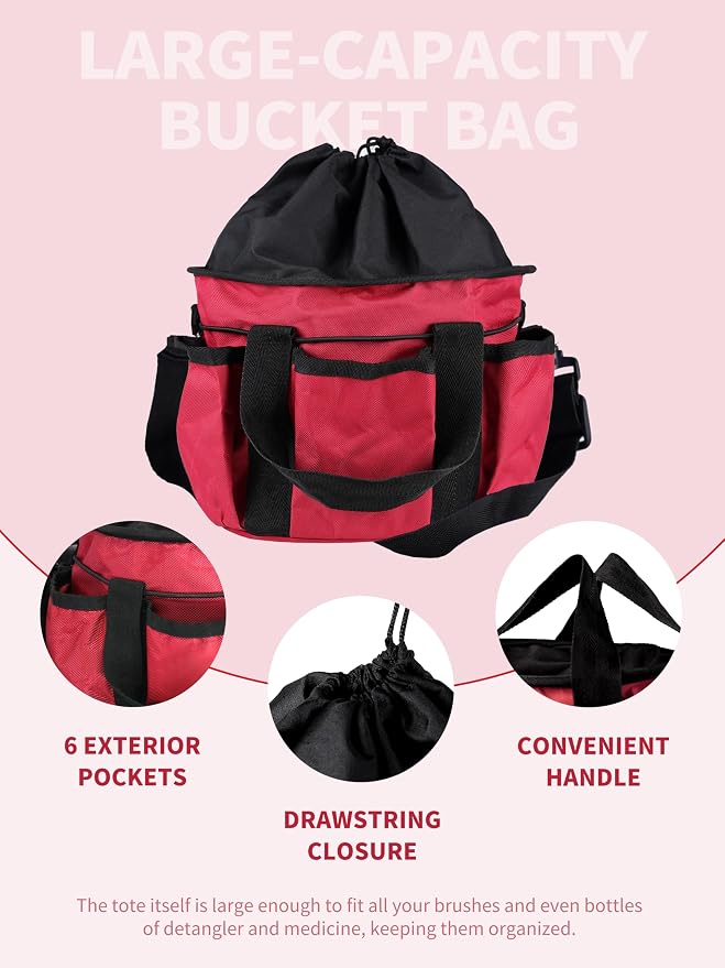 Harrison Howard Horse Grooming Kit 9 Piece with Tote Bag, Non-Slip Horse Brush Set for Shedding, Bathing, Hoof Care, Mane & Tail Grooming, Equine Grooming Supplies Red
