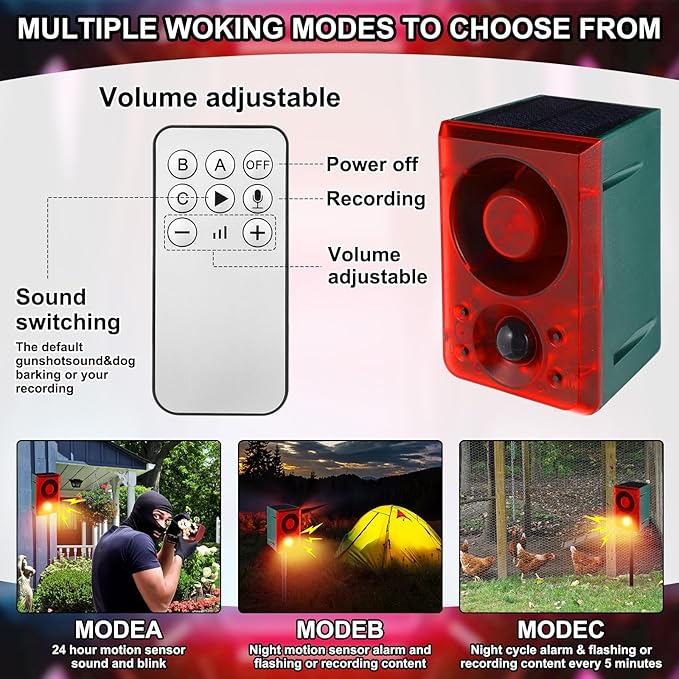 Qualirey 2 Pcs Solar Outdoor Motion Sensor Alarm with Stake Gunshot Sound Dog Barking, 3 Modes Support Recording and Adjustable Volume USB Charging 129 dB Loud Noise Maker for Animal Deterrent