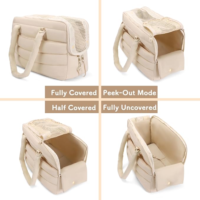 Dog Purse Carrier for Small Dog Cat Rabbit up to 13 lbs, Lightweight Portable Soft Sided Pet Purses, Quilted Puffy Tote Puppy Carrier with Large Pockets for Hiking, Travel, Vet Beige