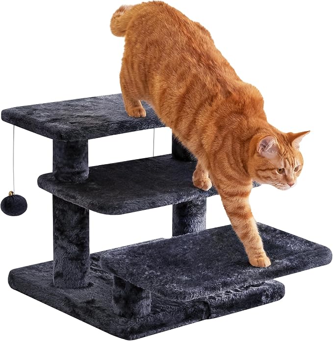 15''H Multi-Step Pet Stairs for High Beds & Sofas, 3-Step Cat Stairs with 2 Toy Balls, Wide Boards for Indoor Kittens Dogs Pets Climbing, Smoky Grey