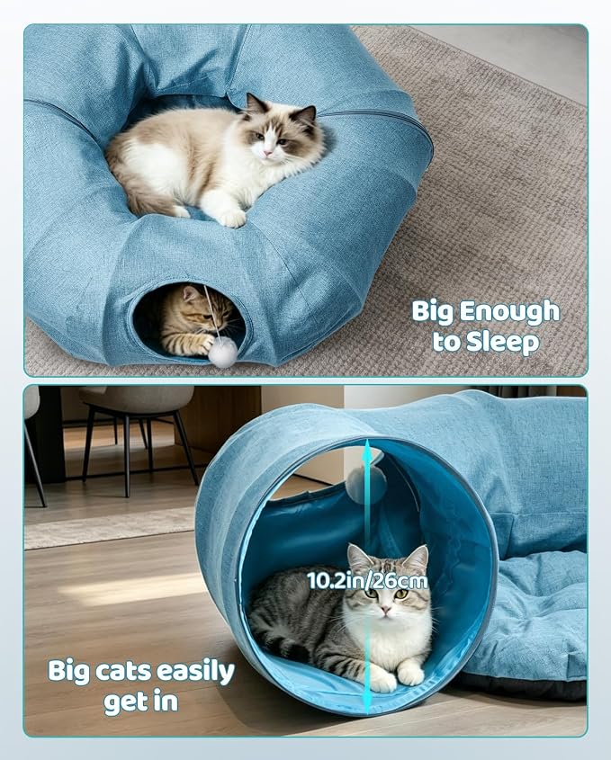 Odoland Linen Cat Tunnels with Central Cat Bed, Interactive Cat Toys Detachable Washable Soft Mat Large Indoor Play Tunnel Cave for Kittens and Small Animals