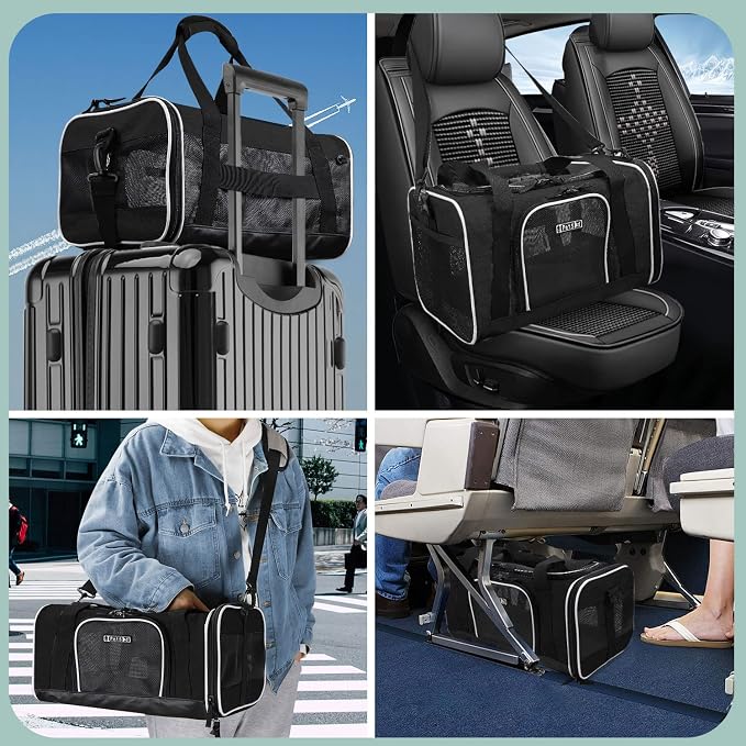 Small Pet Carrier 17" L x 11" W x 9.5" H Airline Approved, Black | for Alaska Airlines, Lockable Safety Zippers and Anti-Scratch Mesh, Pets Under 10 lbs