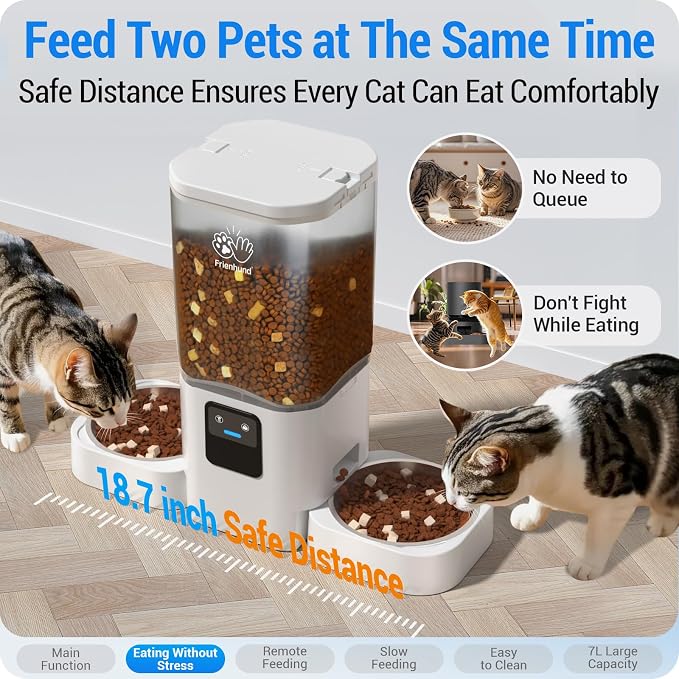 Frienhund 5G WiFi Automatic Cat Feeder 2 Cats: Dual Automatic Dog Feeder with APP Control, Cat Food Dispenser for Multiple Pets, Detachable for Easy Clean, 7L Large Food Storage -29 Cup (ACF190W-C)