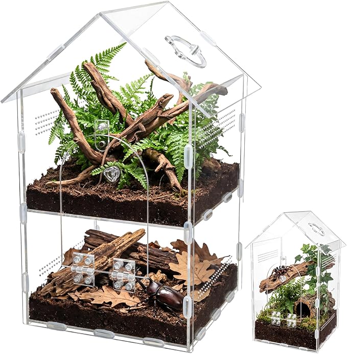 Acrylic Jumping Spider Enclosure,7.9"×7.5"×13.8", 2-Layer Arboreal Tarantula Enclosure with Partition & Feeding Hole, for Gecko Amphibians Chameleon & Small Reptiles