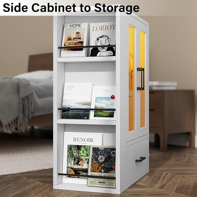 kepptory Pet Wardrobe Closet with LED Light, Side Storage Shelves & Drawer, White Pet Clothes Organizer Cabinet with Hanging Rod, Multi-Functional Pet Closet for Dogs & Cats Clothing, Toys