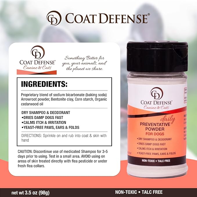 COAT DEFENSE Daily Preventative Powder | Made in USA | 3.5oz Waterless Dog Shampoo & Pet Deodorizer for Smelly Dogs | Provides Anti Itch Relief | Dog Shampoo for Dry Itchy Skin