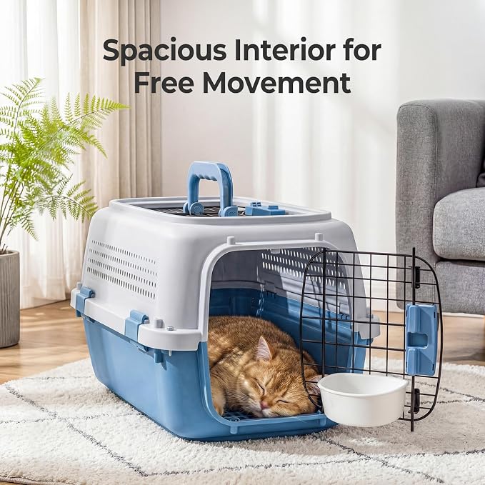 NEWBULIG 23" Hard-Sided Dog Carrier, Plastic Cat & Dog Crate, 4-Sided Ventilation Travel Pet Kennel, Top & Front Door Access, Integrated Food Bowl, for Small Pets up to 22 lbs, Grey & Blue