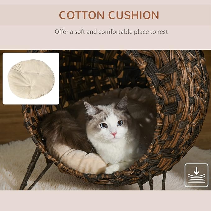 PawHut 20.5" Weaved Cat Bed with Cushion, Brown | Elevated Hand-woven Braided Banana Leaf Kitten House Condo