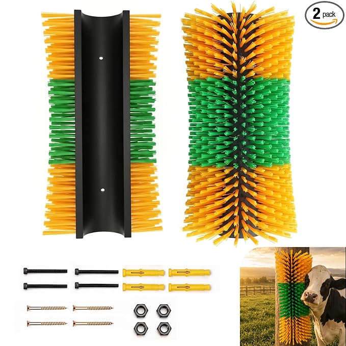 Bionic Curve Livestock Scratching Brush for Cattle, Cows, Goats, Horses and Pigs - Body-Contoured Farm Animal Scratcher Post, Heavy Duty Livestock Grooming Brush with 8 Screws, 2 Pack