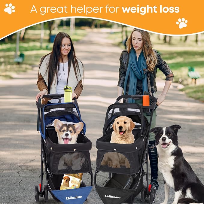 Pet Stroller,Dog Stroller for Small Medium Dogs Cats,3 Wheels,Black | Foldable,with Breathable Mesh Canopy,Cup Holders,Easy Assembly