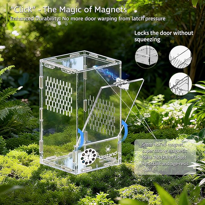 Jumping Spider Enclosure, Front-Opening Acrylic Spider Terrarium with Magnetic Door,Laser-Cut Biomimetic Ventilation System, Escape-Proof for Feeder Insects (4.3"x4.3"x7.8")