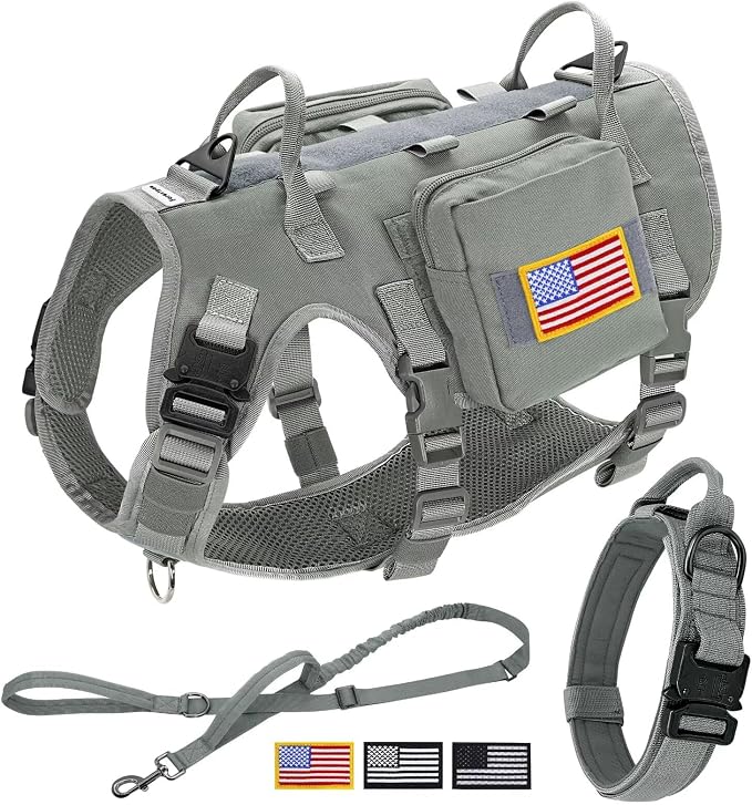 Forestpaw Tactical Dog Harness for Medium Dogs,Tactical Dog Collar with Bungee Leash Set,No Pull Military Dog Harness for Walking Training,Adjustable for Medium Dogs,Gray,Chest 22-35"