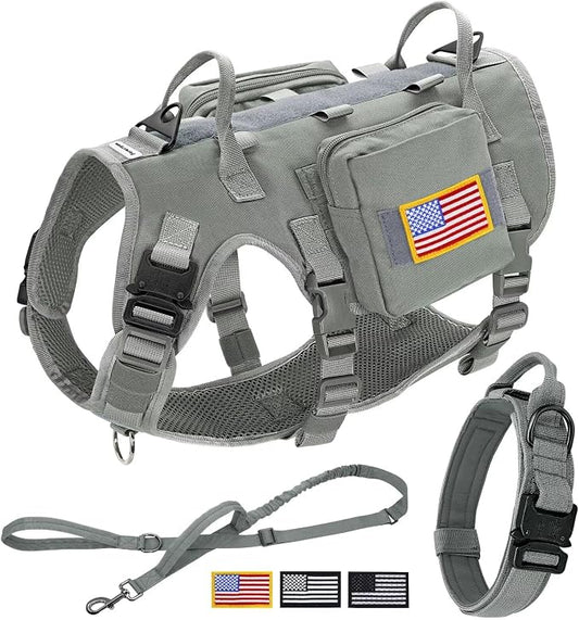 Forestpaw Tactical Dog Harness for Medium Dogs,Tactical Dog Collar with Bungee Leash Set,No Pull Military Dog Harness for Walking Training,Adjustable for Medium Dogs,Gray,Chest 22-35"