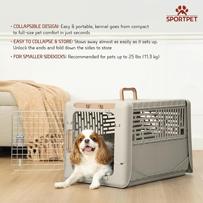 SportPet Designs Collapsible Small Pet Travel Carrier (Tan), Hard-Sided Kennel for Small Dogs, Puppies, Cats, Kittens, Animals up to 25lbs, Washable Home & Outdoor Pet Crate, 24.5"L x 16.5"W x 16"H