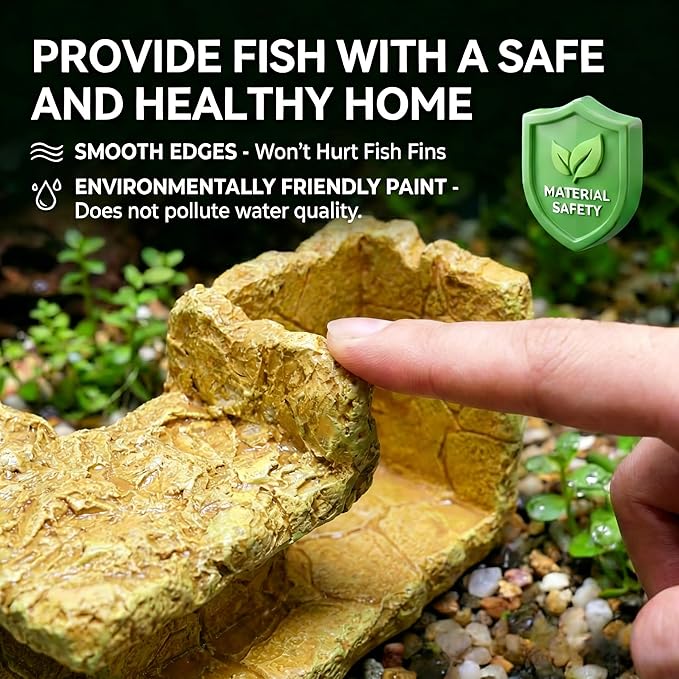 Aquarium Cave - Natural Resin Rock-Like Fish Tank Decorations & Accessories, 5.1” x 2” x 2.7” Safe Betta Hide & Tunnel for Guppy, Neon Tetra, Corydoras Catfish - Tank Decor