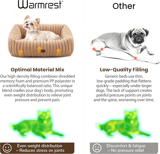 Cute Dog Bed for Small Dogs & Cats,Washable Fluffy Cat Beds for Indoor Cats, Rectangle Orthopedic Memory Foam Puppy Beds with Anti-Slip Bottom, 20 x19 x 7 Inches, Camel