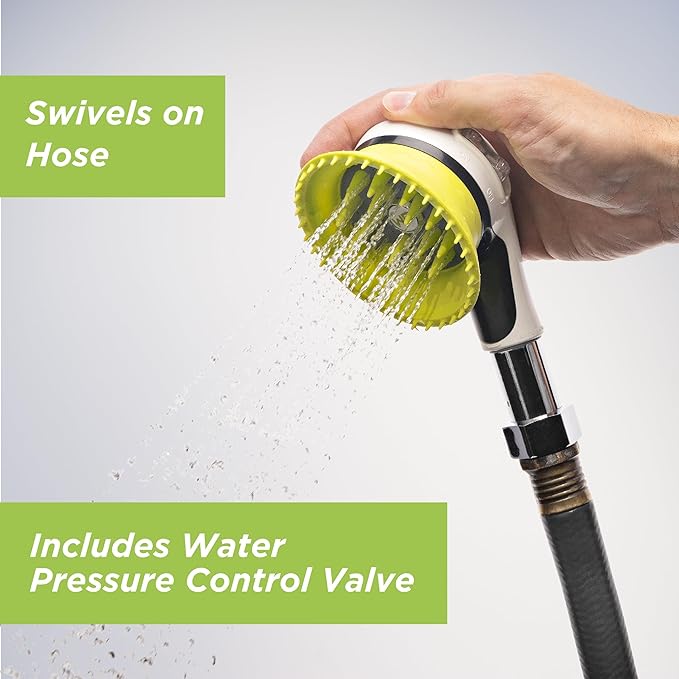Outdoor Dog Wash Garden Hose Nozzle for Bath and Quick Paw Rinses. Splash Shield Handle and Rubber Grooming Brush. Metal Connection. Swivels on Hose with Water Pressure Control.