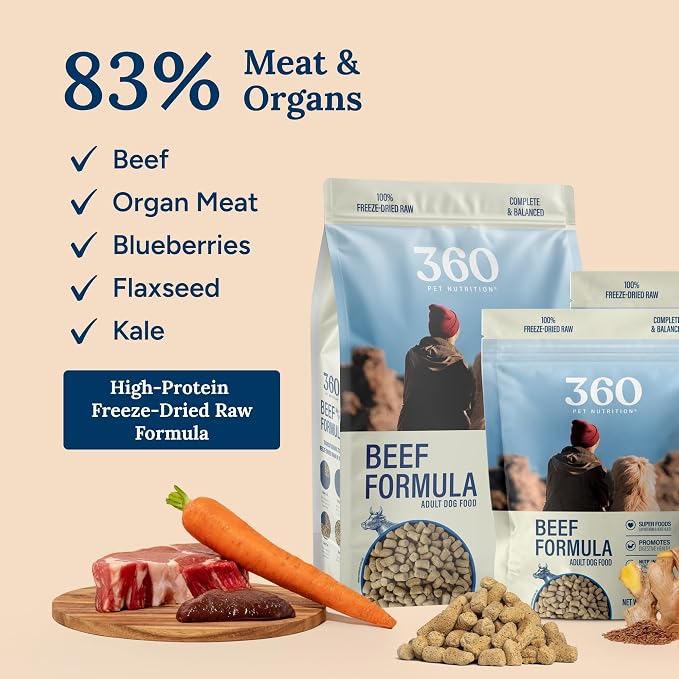 360 Pet Nutrition Freeze-Dried Raw Dog Food – Beef Recipe with Liver & Organs, High Protein with Omega-3s, Fruits, Veggies & Superfoods, Grain-Free, No Fillers, 1 lb – Made in USA