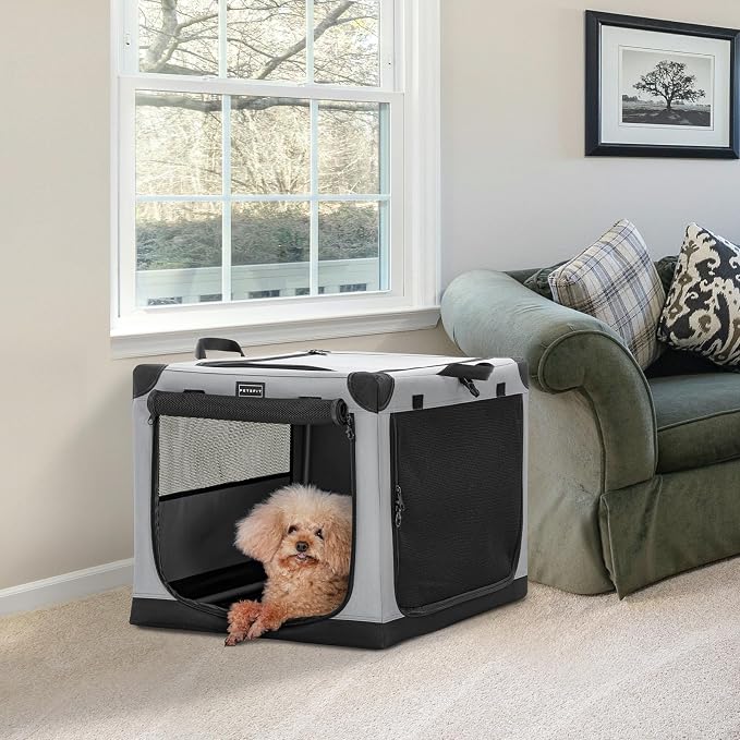 PETSFIT 26" Soft Portable Dog Crate – Patented Spiral Sturdy Frame, Collapsible Travel Kennel for Small Dogs, 3 Mesh Door, Lockable Zippers, Indoor & Car Use Gray