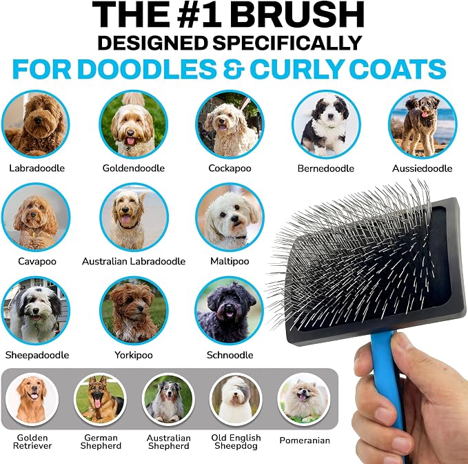The Doodle Brush Slicker Brush Dog Poodle Brush Detangler, Extra Long Pin | Ergonomic Handle, Goldendoodle, Cockapoo, Cavapoo, Dog Brushes for Grooming, Removes Mats and Tangles, Shiny Coat Pet Brushes