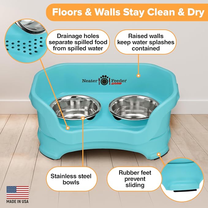 Neater Pet Brands Neater Feeder Deluxe Mess Proof Cat Bowls Elevated, Made in USA, No Spill Raised Bowls for Indoor Cats, Stainless Steel Food and Water Bowl Set, Pet Dish Feeding Station, Aquamarine
