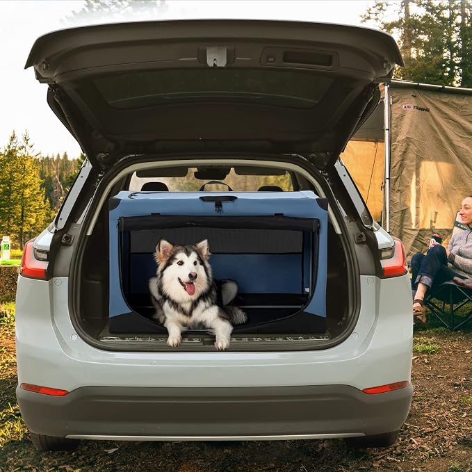 PETSFIT 40" Soft Portable Dog Crate – Patented Spiral Sturdy Frame, Collapsible Travel Kennel for Large Dogs, 3 Mesh Door, Lockable Zippers, Indoor & Car Use Blue
