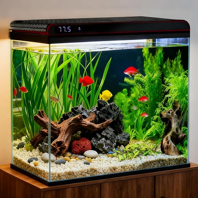 Coospider 20 Gallon Glass Fish Tank, Aquarium Starter Kit, Simple Self-Cleaning Aquarium with 3-Color LED Lights, with Quiet Filter Pump, with Temperature Monitoring for Fish, Shrimp, Kids Gift Ideas