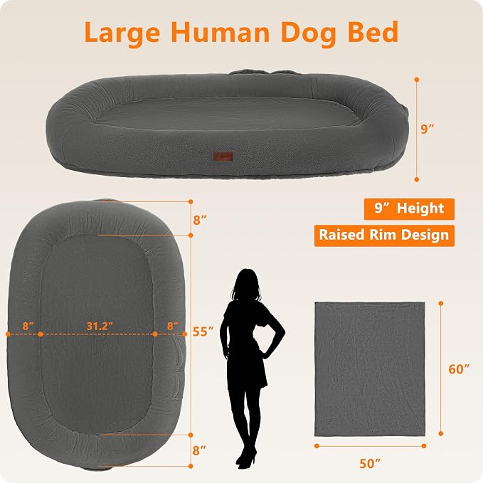 Human Dog Bed for Adult, Orthopedic Gel Memory Foam, 71"x47"x9" | Human Dog Bed Fits Adult & Pets, Reversible Egg-Crate Foam Cushion, Washable Pet Bed with Blanket, Cement Grey