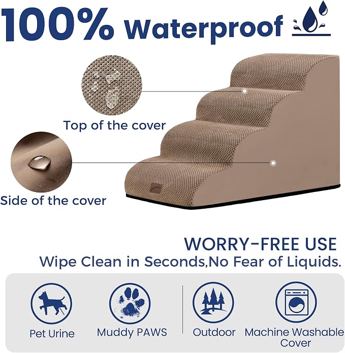 GoGoBunny Waterproof High Density Foam Curved Dog Stairs for High Beds Couches 19.7" H, 4-Step Ramp Dog Steps Friendly to Small Medium Dogs or Pets Joints, Non-Slip Balanced Durable Pet Step, Camel