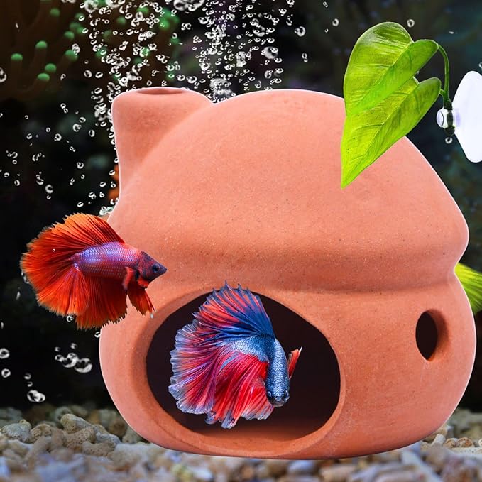 Saim Betta Fish Tank Accessories,Ceramics Mushroom House Aquarium Decorations Hideout Hideaway Spawning Cave Decor for Shrimp Betta Goldfish (No Paint + Betta Leaf Pad+Silicone Plug)