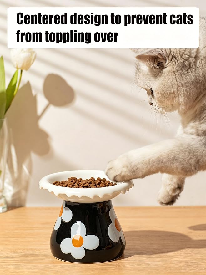 Mushroom Elevated Cat Bowls Ceramic, Cute Cat Bowls Whisker Fatigue | Raised Cat Bowl for Indoor Cats, Raised Dog Bowls Stand for Food and Water, White 5.8" Wide for Adult Cats