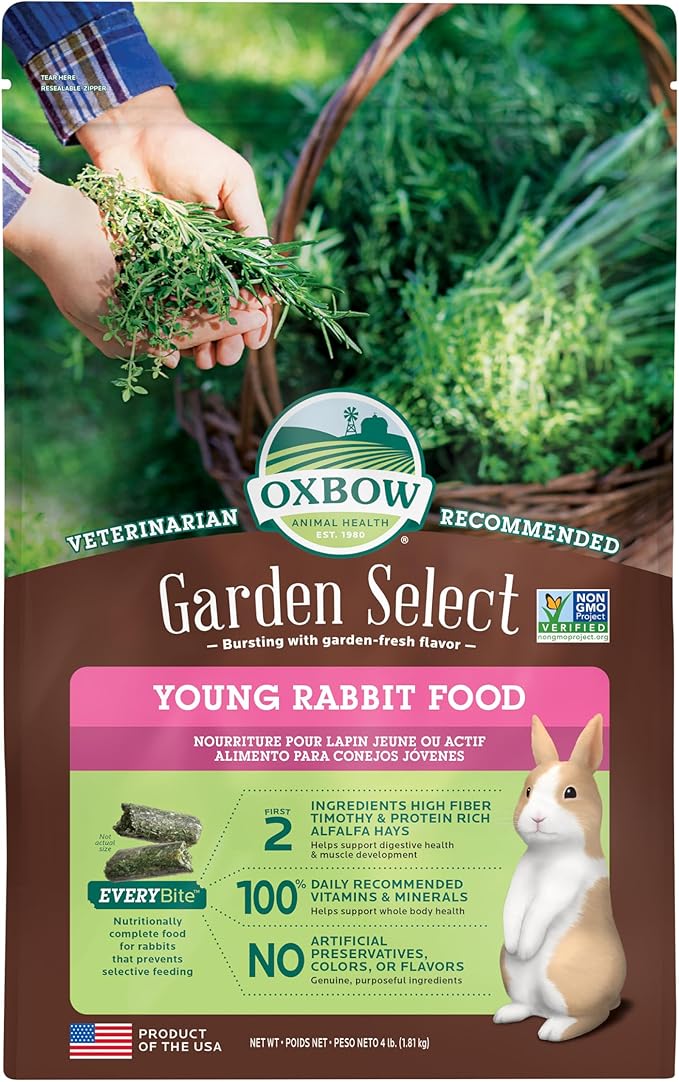 Oxbow Garden Select Rabbit Food, Young, Made with Oxbow Alfalfa for Rabbit, Bunny Food Pellets, Non-GMO, No Soy or Wheat, Small Animal Pet Products, Made in USA, High Fiber, 4 lb. Bag