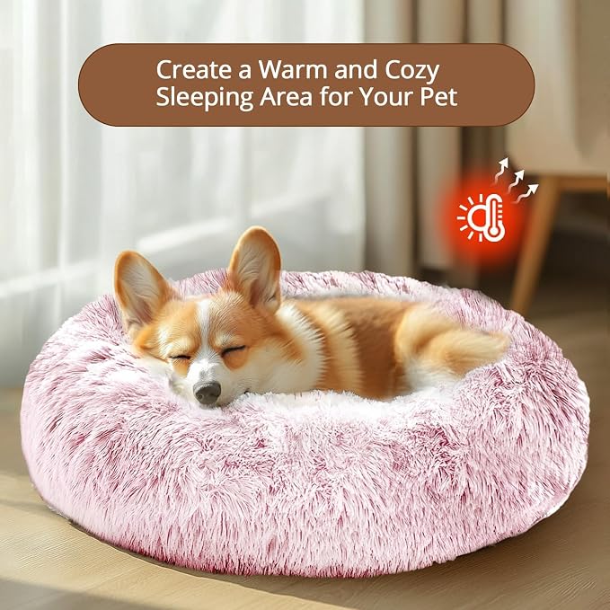 JOLLYVOGUE Calming Dog Bed Medium Size Dog, 31in Donut Washable Medium Pet Bed, Anti-Slip & Anti-Anxiety Fluffy Faux Fur Round Dogs Bed, Fits up to 45 lbs Pets (Smoke Pink)