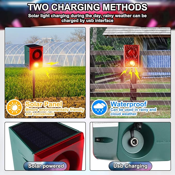 Qualirey Solar Outdoor Motion Sensor Alarm with Stake Gunshot Sound Dog Barking, 3 Modes Support Recording and Adjustable Volume USB Charging 129 dB Loud Noise Maker for Animal Deterrent (8 Pcs)