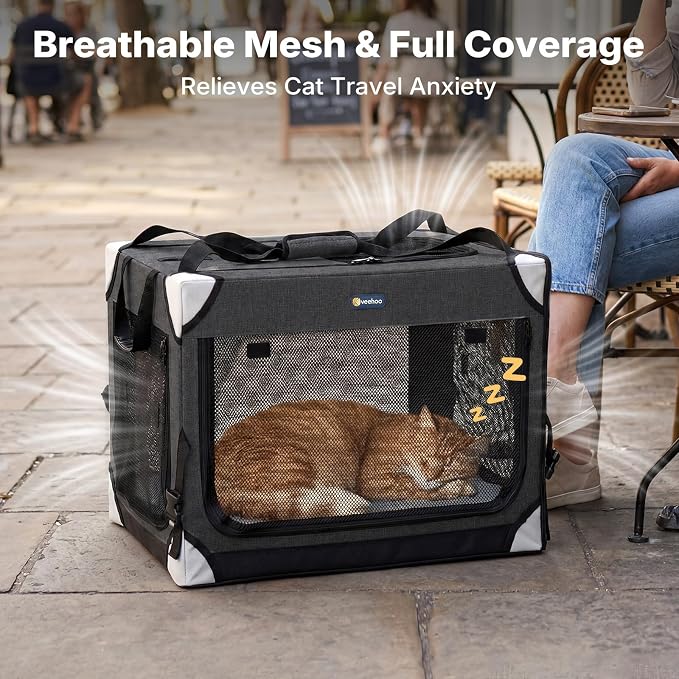 Veehoo Extra Large Cat Travel Carrier with Litter Box for 2 Cats, 48 inch Collapsible Dog Crate for Small Medium Dogs, 2 in 1 Cat Pet Puppy Kitten Foldable Car Carrier Soft Sided for Road Trip, Black