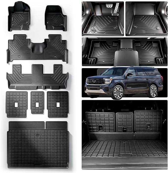Floor Mats for 2025 2026 Ford Expedition MAX 8 Seats (2nd Row Bench Seat) & Cargo Mat & Backrest Mat, TPE All Weather Protection Car Full Set Mats Covering The Backrest Accessories