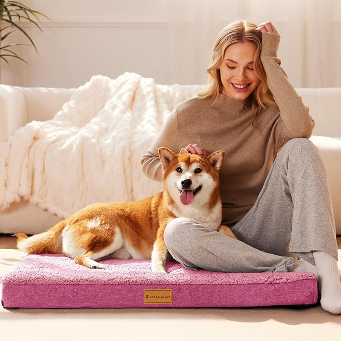 Patas Lague Orthopedic Large Dog Bed Washable Pet Sofa Mat 42''X28'' Pink | Egg-Crate Foam Dog Couch For Large Sized Dogs, Waterproof Removable Cover, Soft Pet Crate Bed With Nonskid Bottom