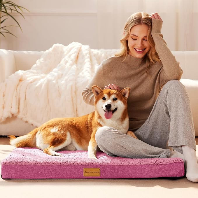 Patas Lague Orthopedic Large Dog Bed Washable Pet Sofa Mat 48''X30'' Pink | Egg-Crate Foam Dog Couch For Large Sized Dogs, Waterproof Removable Cover, Soft Pet Crate Bed With Nonskid Bottom