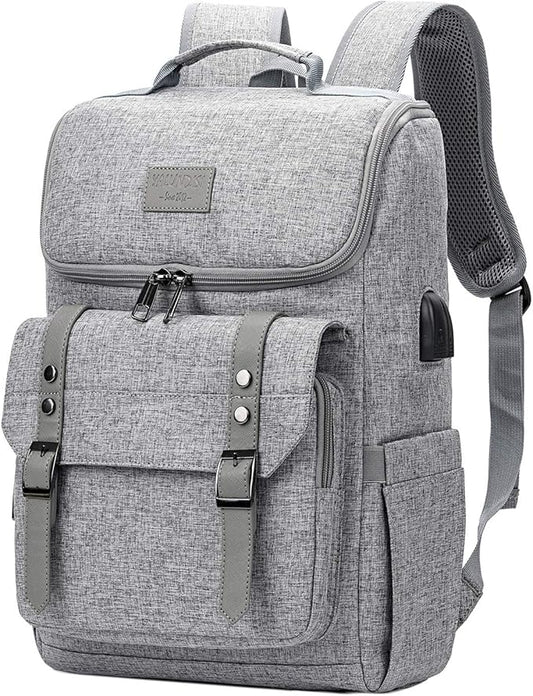 YALUNDISI Vintage Backpack Travel Laptop Backpack with usb Charging Port for Women & Men College Backpack Fits 15.6 Inch Laptop Grey