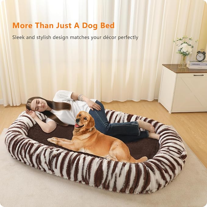 Human Dog Bed for Adult, Orthopedic Gel Memory Foam, 71"x47"x9" | Human Dog Bed Fits Adult & Pets, Reversible Egg-Crate Foam Cushion, Washable Pet Bed with Blanket, Tie-dye Brown