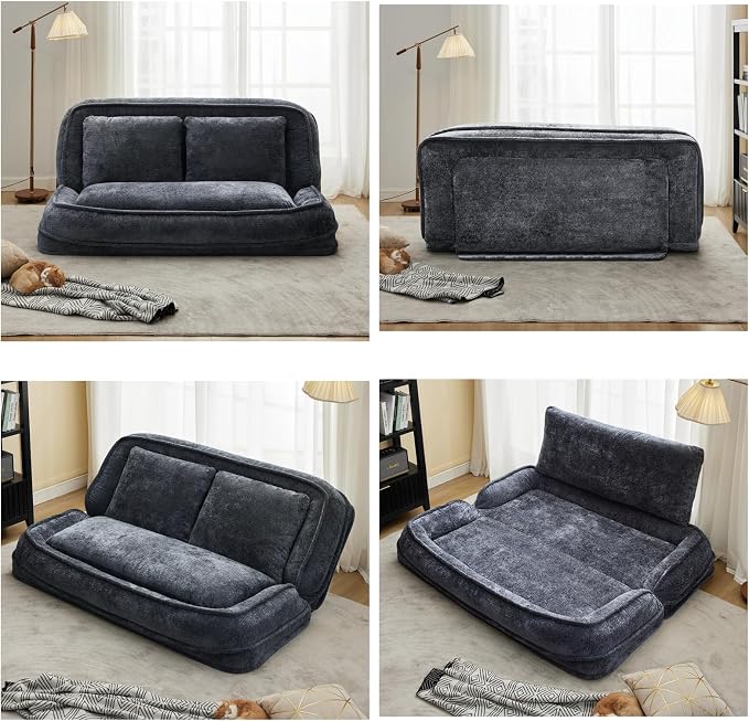 Foldable Lazy Sofa Bed, Double Human Dog Bed for Adults, Dark Gray | Skin-friendly Breathable Soft Chenille Upholstered, 5 Adjustable Backrest Positions, 3 Soft Cushions for Living Room