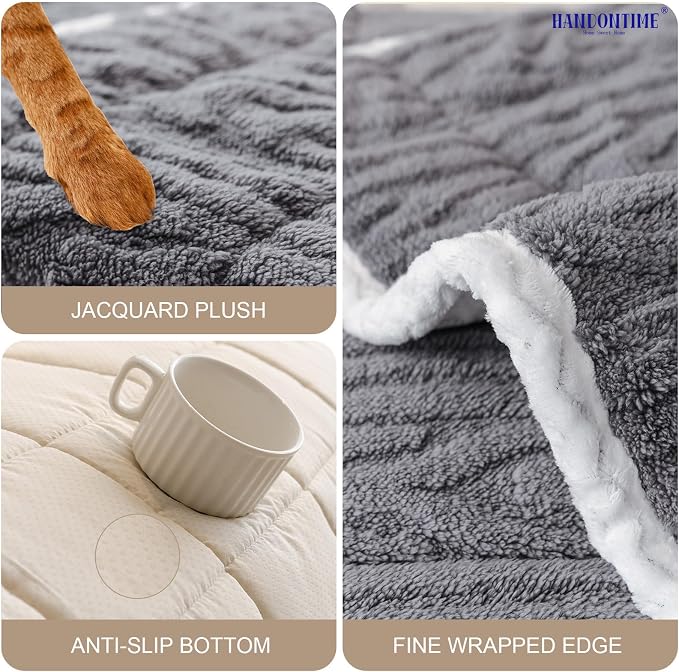 HANDONTIME Fuzzy Dog Couch Cover Washable, Pet-Friendly Sofa Covers Non-Slip Geometric Jacquard Pet Protector Furniture Cover for 3 Cushion Sofa Cozy Fuzzy Dog Mat for Couch (Grey, 35.4" x 94.5")