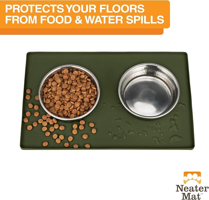 Neater Pet Brands Neater Mat Pet Mats for Food and Water, Cat & Dog Bowl Mat Waterproof Silicone, Feeding Tray, Dog Food Mats for Floors, Placemat w/Raised Edge for Under Bowls, 16” x 10”, Olive